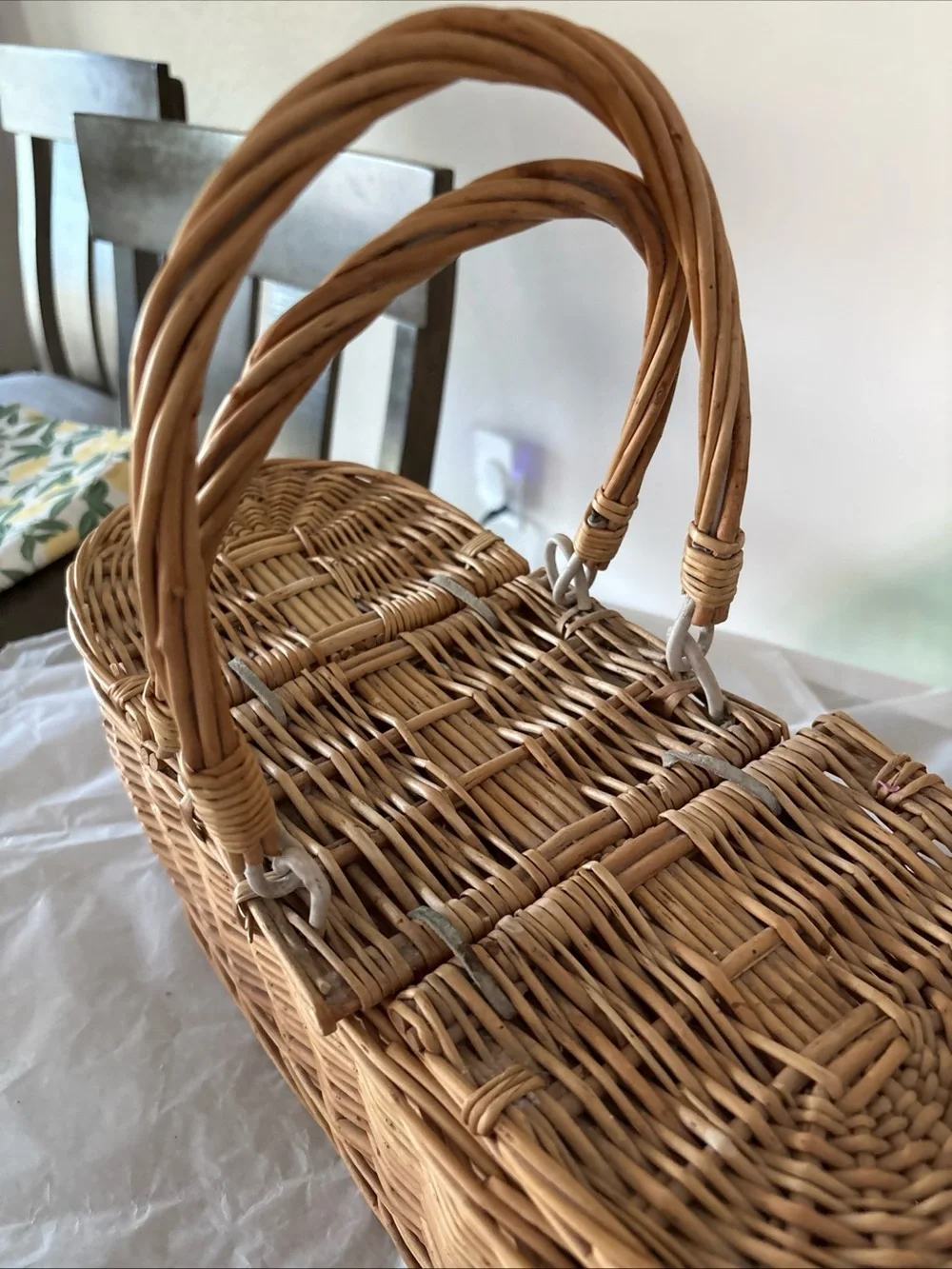 Gorgeous Vintage Oblong 15” Long WICKER Double Lidded Picnic Basket Awesome